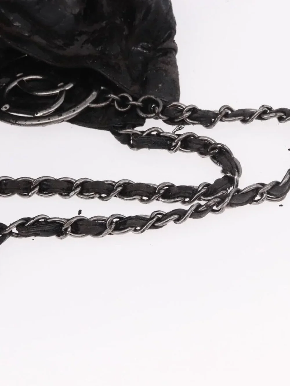 CHANEL Chain Shoulder Bag Coated Canvas Silver Black CC Auth kk553